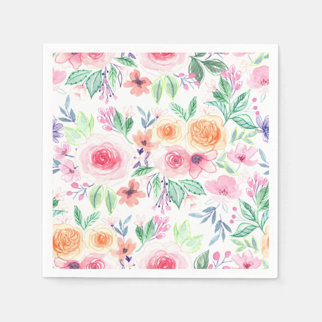 Aquarellfarbene Blume und Blätter Serviette (Vorderseite)