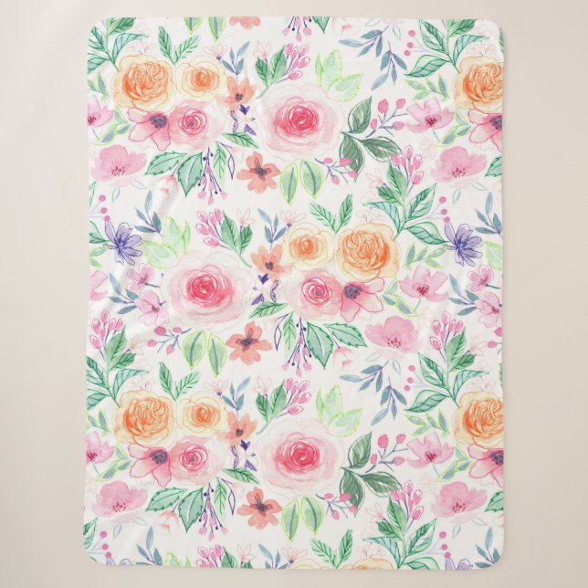 Aquarellfarbene Blume und Blätter Sherpadecke (Vorderseite)