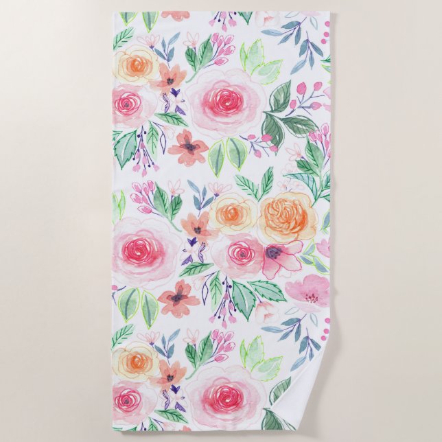 Aquarellfarbene Blume und Blätter Strandtuch (Vorderseite)