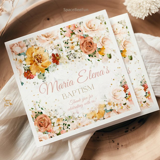 Aquarellfarbene Blume und goldene religiöse Servie Serviette (watercolor religious napkins, gold accent napkins, floral communion napkins, baptism napkins, elegan)
