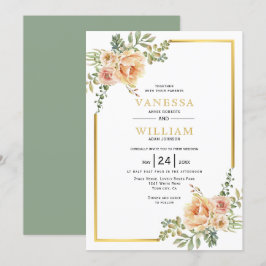 Aquarellfarbene Blume und Goldrahmen Blumenhochzei Einladung