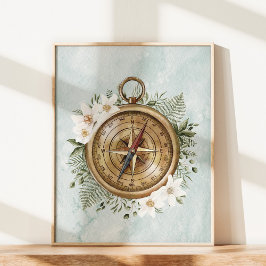 Aquarellfarbene Blume und Grüne Blätter Blumenkomp Poster