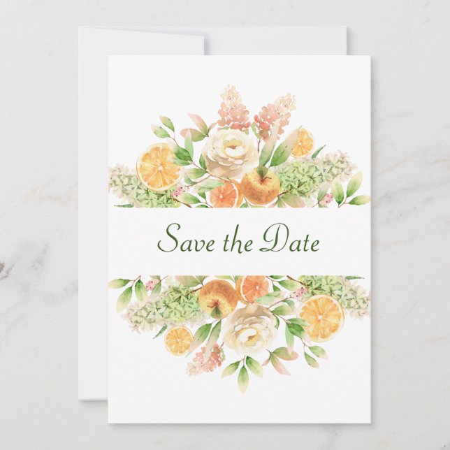 Aquarellfarbene Blume und Save the Date Fruchtkart (Vorderseite)