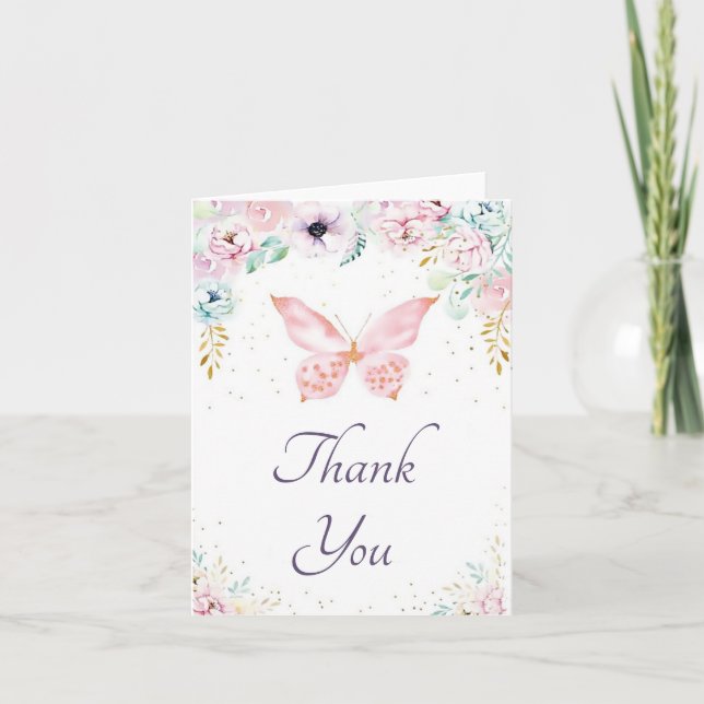 Aquarellfarbene Blume und Schmetterling Dankeschön Dankeskarte (Vorderseite)