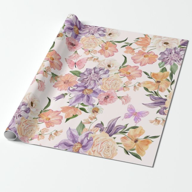 Aquarellfarbene Blume und Schmetterlinge Wildblume Geschenkpapier (Ungerollt)