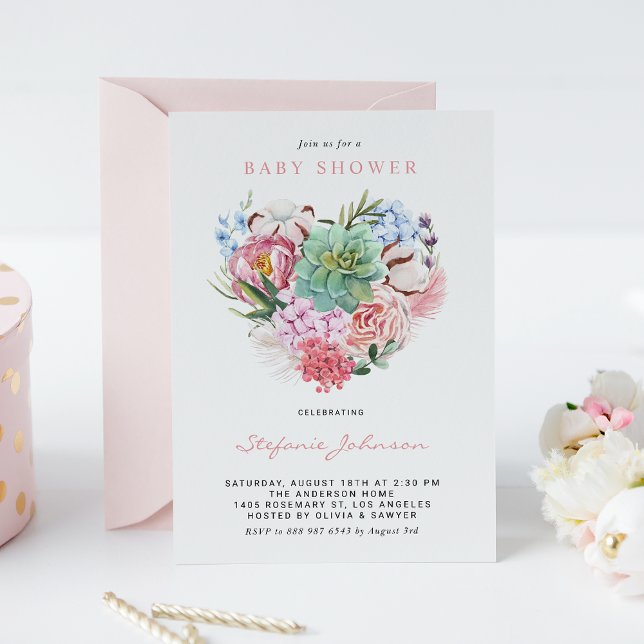 Aquarellfarbene Blume und Sukkulentücher Herz Baby Einladung (Von Creator hochgeladen)