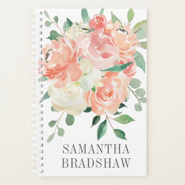 Aquarellfarbene BlumenBouquet mit Ihrem Namen Planer (Vorderseite)