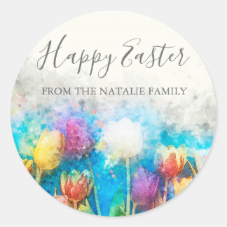 Aquarellfarbene Blumengärten Frohes Ostern Runder Aufkleber