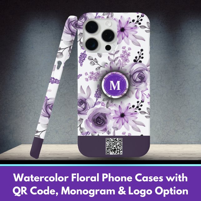 Aquarellfarbene Blumenhörnchen mit QR-Code, Monogr Case-Mate iPhone Hülle (Watercolor Floral Phone Cases with QR Code, Monogram & Logo Option)