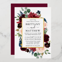 Aquarellfarbene Blumenrahmen Hochzeit Burgund Gold