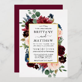 Aquarellfarbene Blumenrahmen Hochzeit Burgund Gold Folieneinladung