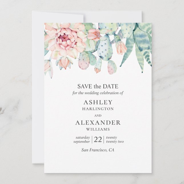 Aquarellfarbene Blumensukkulente. Grüne und blaue  Save The Date (Vorderseite)