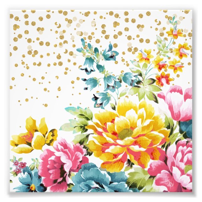 Aquarellfarbene Blütenfarbe und goldene Konfetti-K Fotodruck (Vorne)