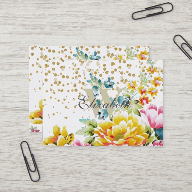 Aquarellfarbene Blütenfarbe und goldene Konfetti-K Visitenkarte (Vorderseite/Rückseite Beispiel)