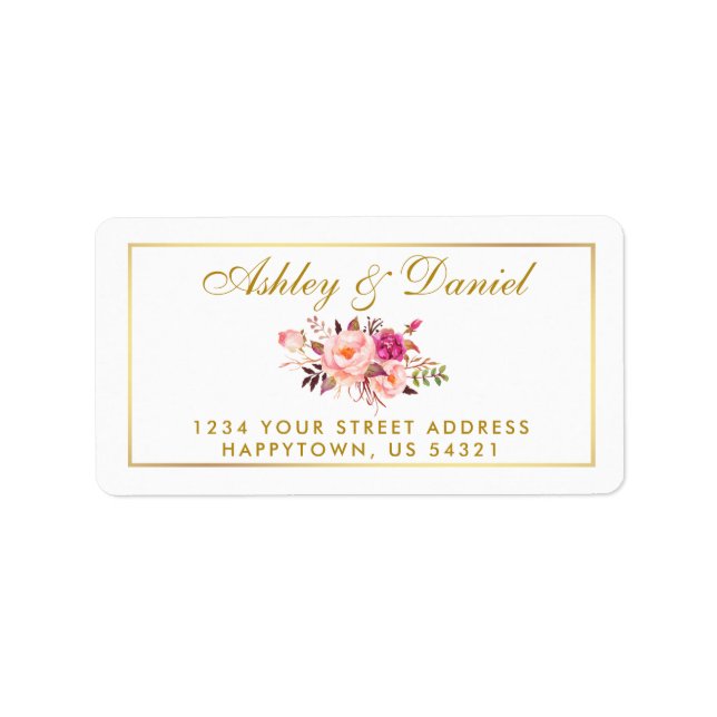 Aquarellfarbene Blütenrosa Blush Gold Hochzeit Adressaufkleber (Vorne)