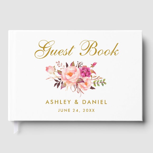 Aquarellfarbene Blütenrosa Blush Gold Hochzeit Gästebuch (Vorderseite)