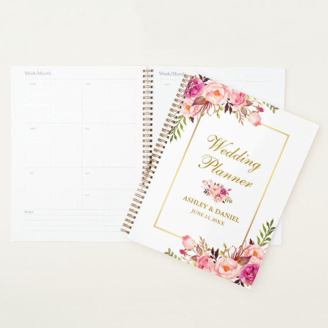 Aquarellfarbene Blütenrosa Blush Gold Hochzeit Planer (Anzeige)