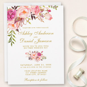 Aquarellfarbene Blütenrosa Goldhochzeit Einladung