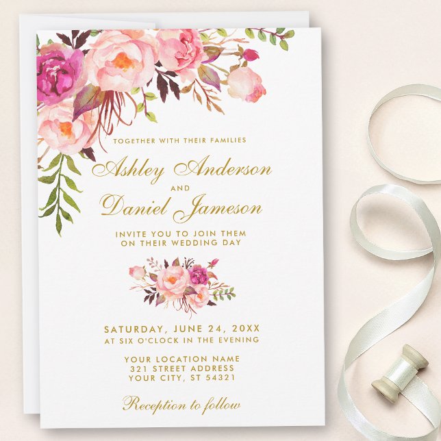 Aquarellfarbene Blütenrosa Goldhochzeit Einladung (Customize to change text size, color, text style or to add more text to back.)