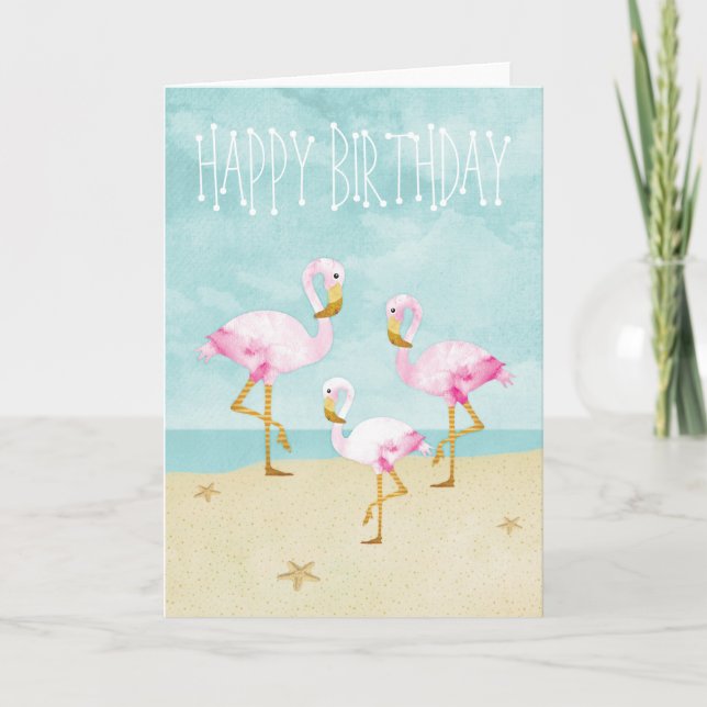 Aquarellfarbene Flamingos am Strand Karte (Vorderseite)