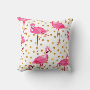 Aquarellfarbene Flamingos mit goldenen Punkten nah Kissen