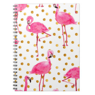 Aquarellfarbene Flamingos mit goldenen Punkten nah Notizblock