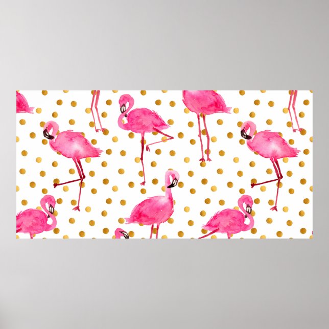 Aquarellfarbene Flamingos mit goldenen Punkten nah Poster (Vorne)