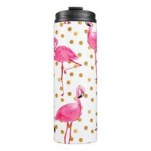 Aquarellfarbene Flamingos mit goldenen Punkten nah Thermosbecher