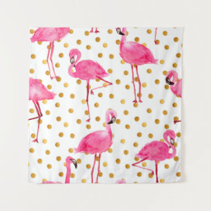 Aquarellfarbene Flamingos mit goldenen Punkten nah Wandteppich