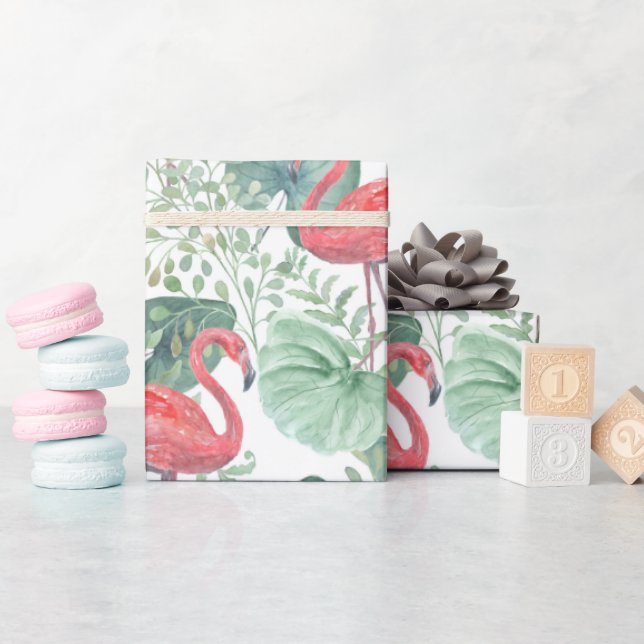 Aquarellfarbene Flamingos und Blätter Geschenkpapier (Babyparty)