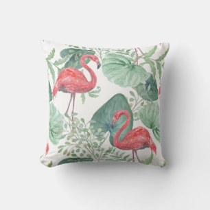 Aquarellfarbene Flamingos und Blätter. Kissen