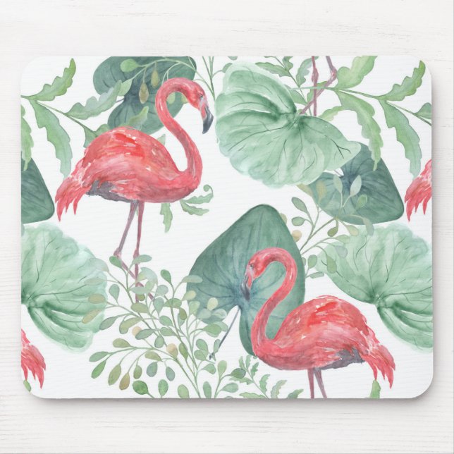 Aquarellfarbene Flamingos und Blätter. Mousepad (Vorne)