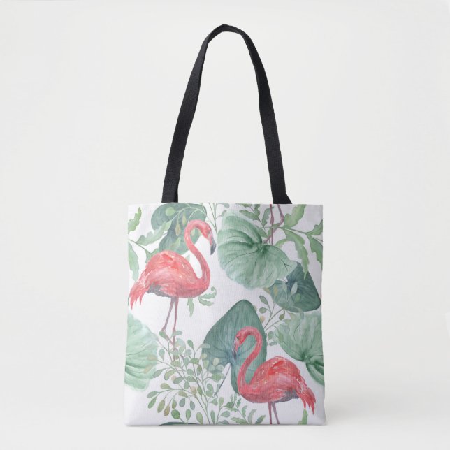 Aquarellfarbene Flamingos und Blätter. Tasche (Vorderseite)