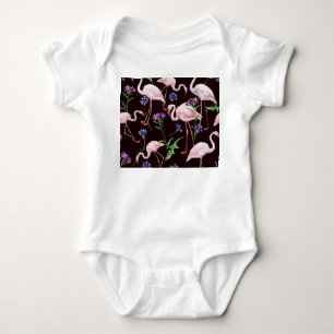 Aquarellfarbene Flamingos und wilde Blume Muster. Baby Strampler