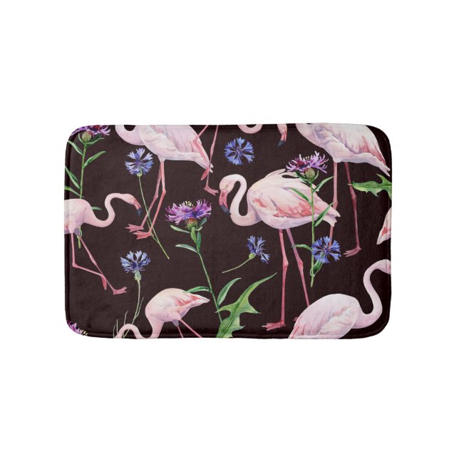 Aquarellfarbene Flamingos und wilde Blume Muster. Badematte (Vorderseite)