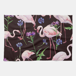 Aquarellfarbene Flamingos und wilde Blume Muster. Geschirrtuch