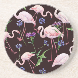 Aquarellfarbene Flamingos und wilde Blume Muster. Getränkeuntersetzer