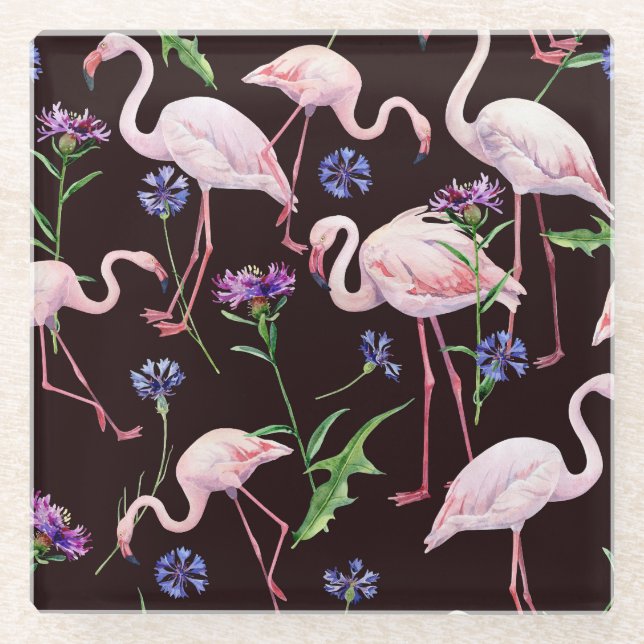 Aquarellfarbene Flamingos und wilde Blume Muster. Glasuntersetzer (Vorderseite)