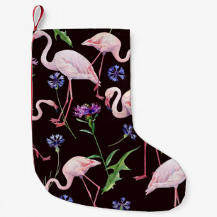 Aquarellfarbene Flamingos und wilde Blume Muster. Kleiner Weihnachtsstrumpf