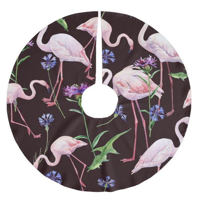 Aquarellfarbene Flamingos und wilde Blume Muster. Polyester Weihnachtsbaumdecke (Vorderseite)
