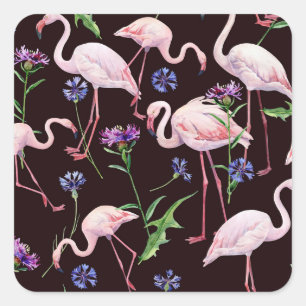 Aquarellfarbene Flamingos und wilde Blume Muster. Quadratischer Aufkleber