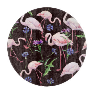 Aquarellfarbene Flamingos und wilde Blume Muster. Schneidebrett