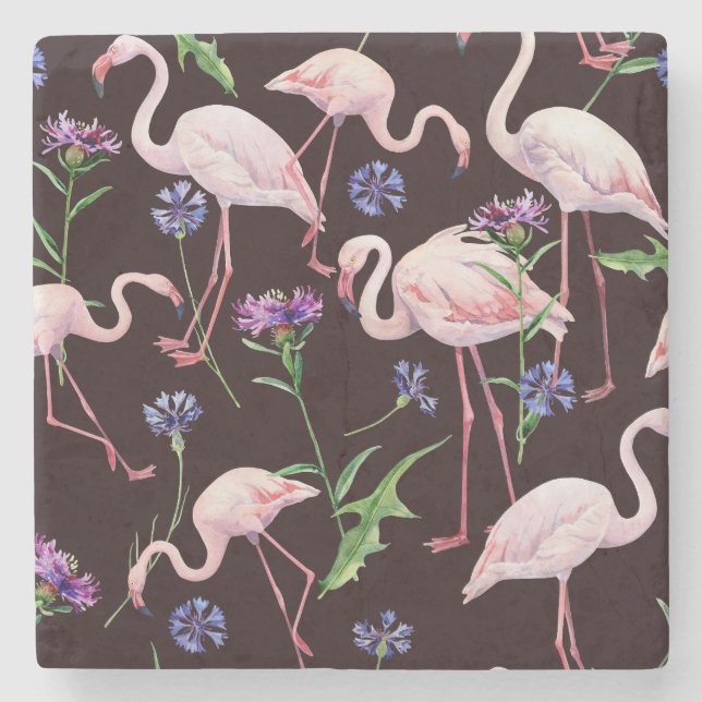 Aquarellfarbene Flamingos und wilde Blume Muster. Steinuntersetzer (Vorderseite)