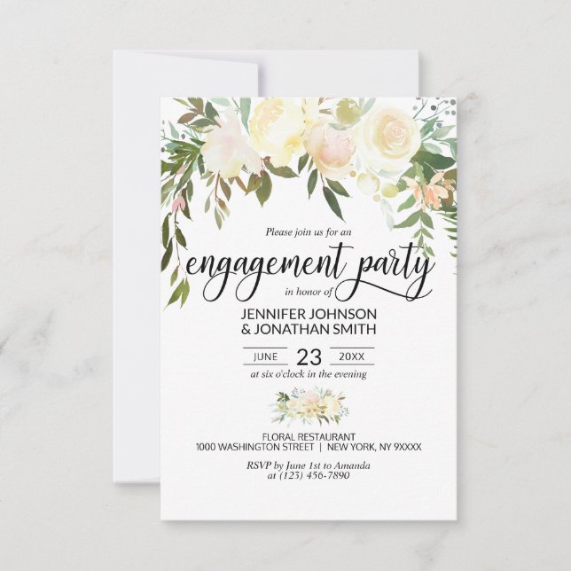 Aquarellfarbene florale Elfenbein-Engagement Party Einladung (Vorderseite)