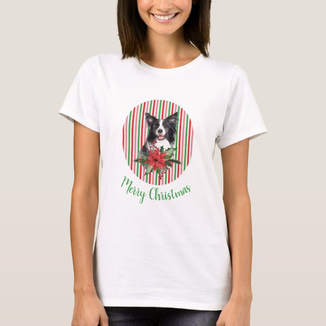 Aquarellfarbene Grenzkollie mit Poinsettia T-Shirt (Vorderseite)