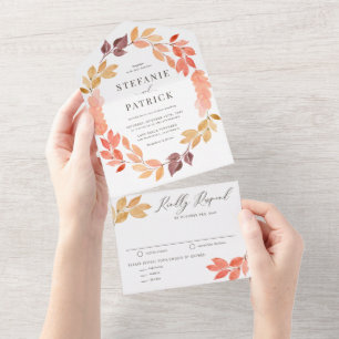 Aquarellfarbene Herbstblattdarbietung Hochzeit im All In One Einladung