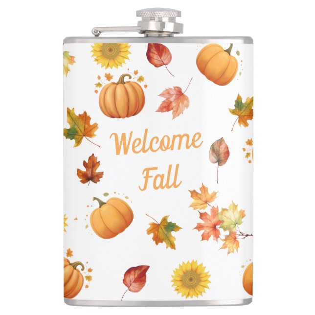 Aquarellfarbene Herbstlaube und Pumpkins Flachmann (Vorderseite)