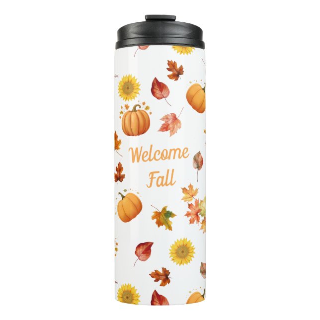 Aquarellfarbene Herbstlaube und Pumpkins Thermosbecher (Vorderseite)