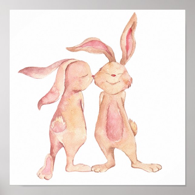 Aquarellfarbene Kaninchen-Liebe Niedlich Poster (Vorne)