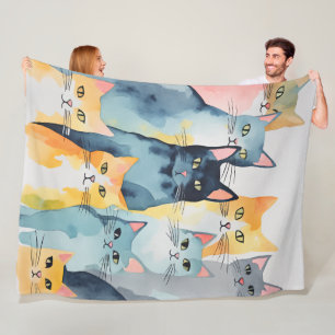 Aquarellfarbene Katzenkollage Fleecedecke